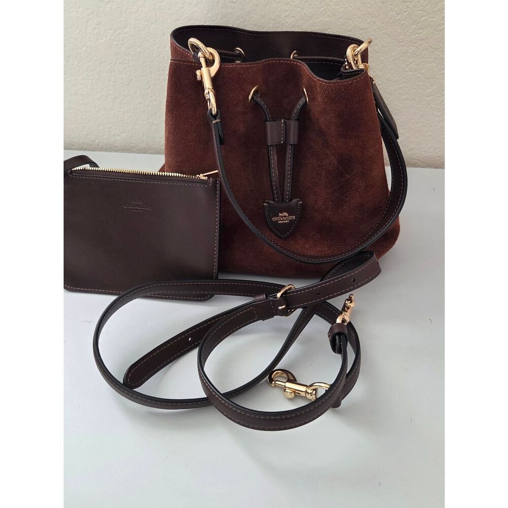 Coach Rowan Brown Suede Drawstring Bucket Bag with Pouch